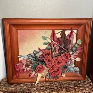 Vintage Framed Leather Floral Wall Art - Red Roses